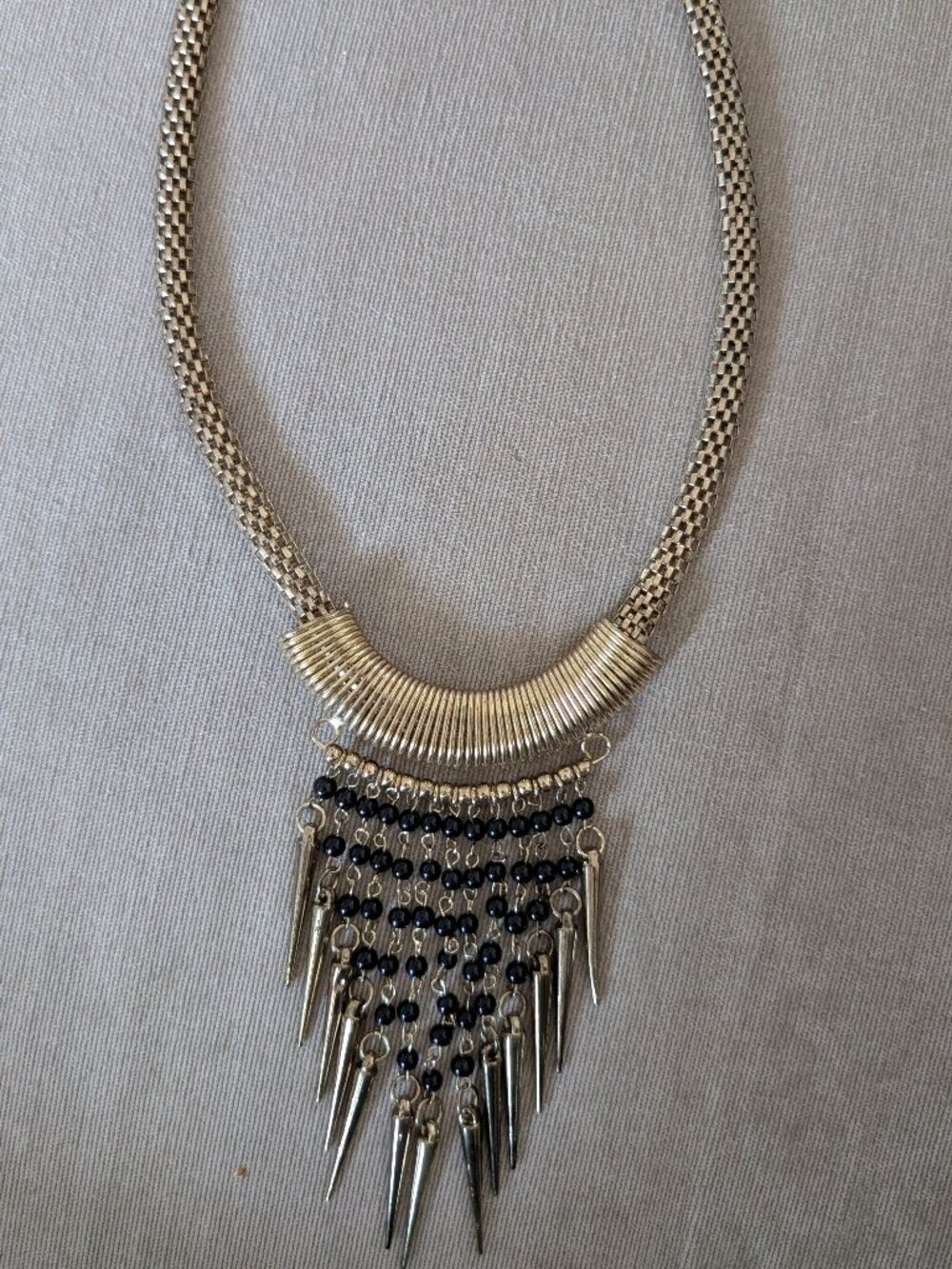 Gold-Tone Mesh Chain with Black Beads Metallic Spikes Necklace-NWOT